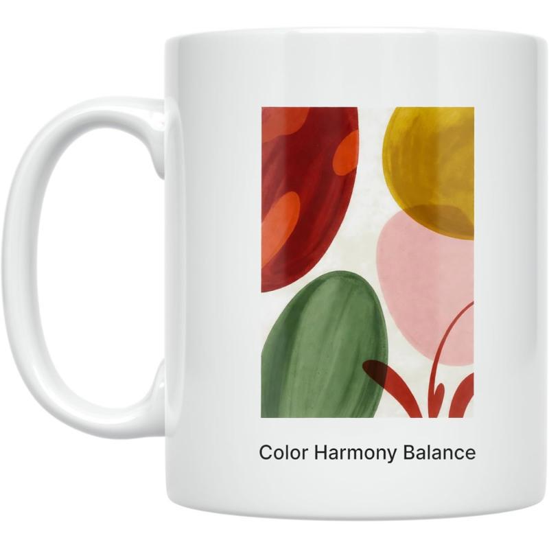 Tailorly White Ceramic 11 oz Mug - Color Harmony Balance Abstract Vibrant Organic Shapes Arranged In A Minimalist Artistic Style Pattern