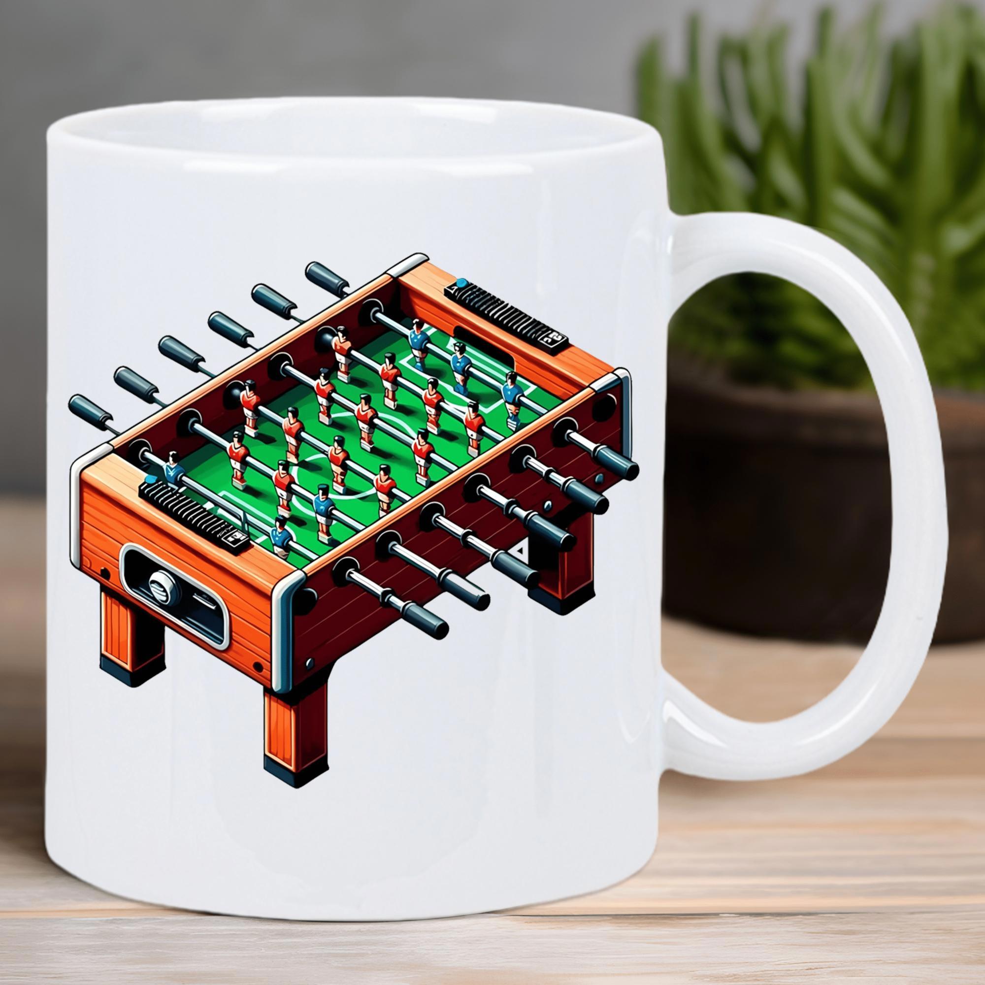 Tailorly White Ceramic 11 oz Mug - Classic Isometric Wooden Gaming Table With Green Pitch And Players Foosball Table