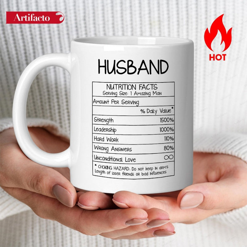Tailorly White Ceramic 11 oz Mug - Husband Nutrition Facts Minimalist Black Line Chart Over Clean Mug