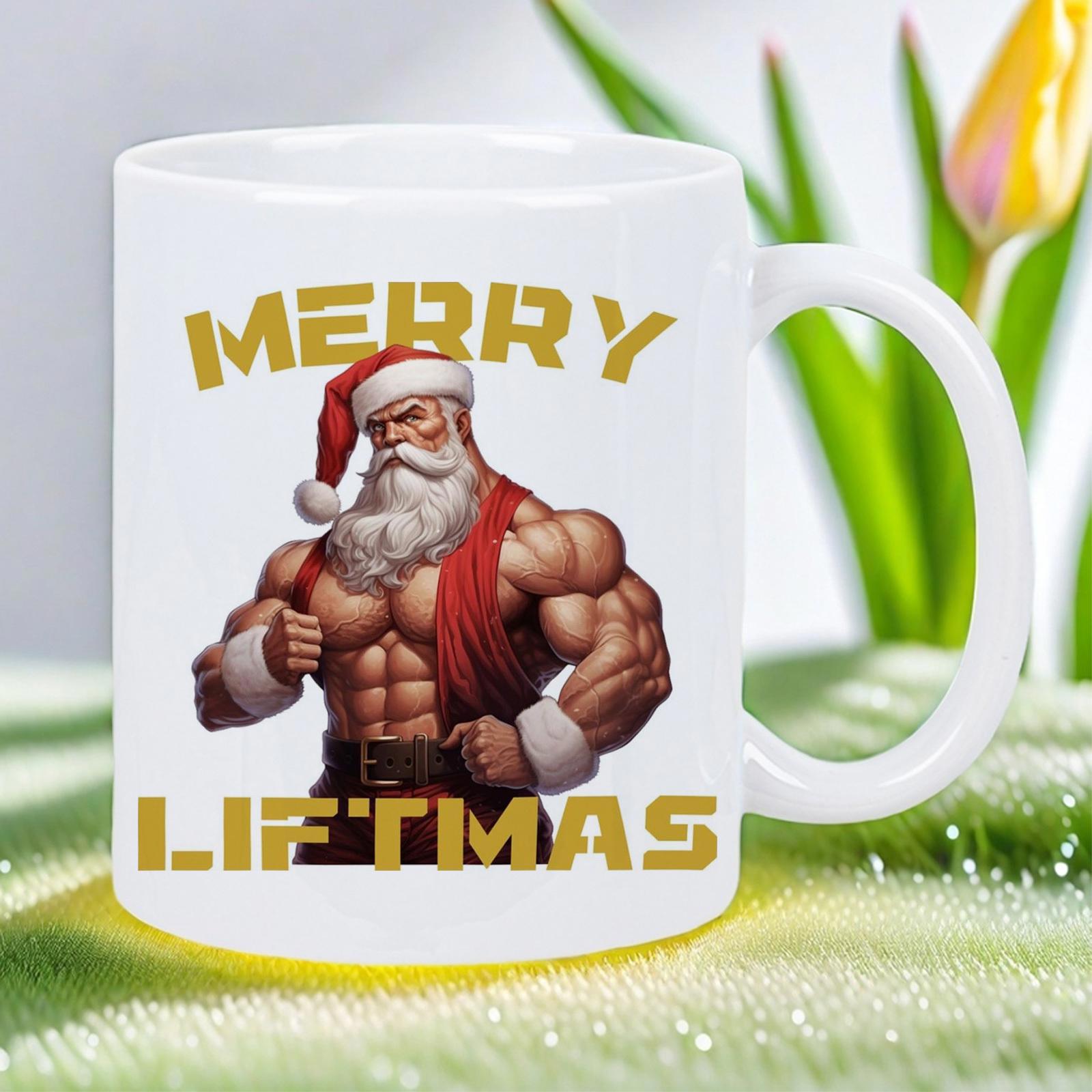 Tailorly White Ceramic 11 oz Mug - Merry Liftmas Muscular Bodybuilder Wearing Traditional Red Hat Flexing Strong Muscles Santa