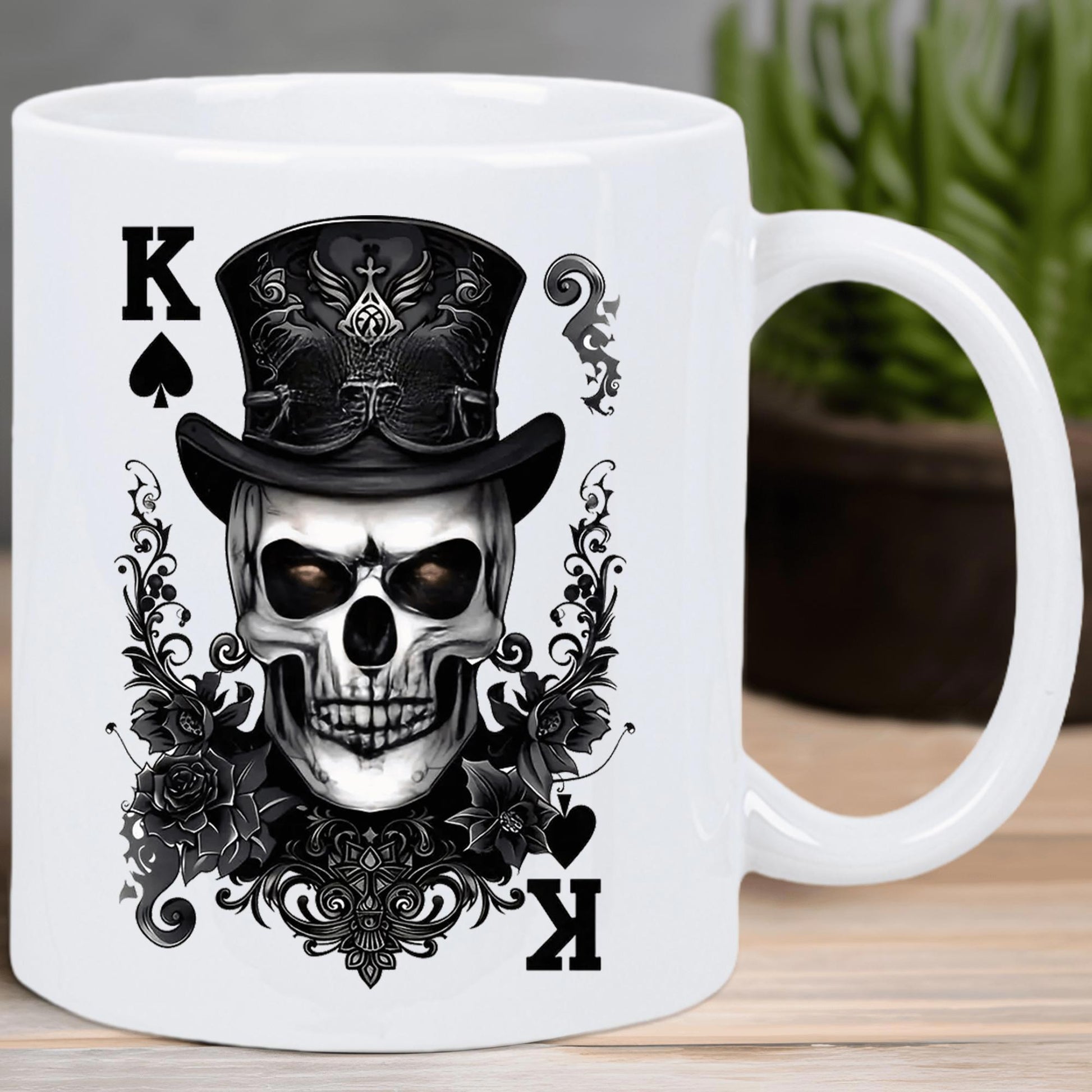 Tailorly White Ceramic 11 oz Mug - K Gothic Stylized Wearing Black Top Hat Among Ornate Vintage Floral Patterns Skull