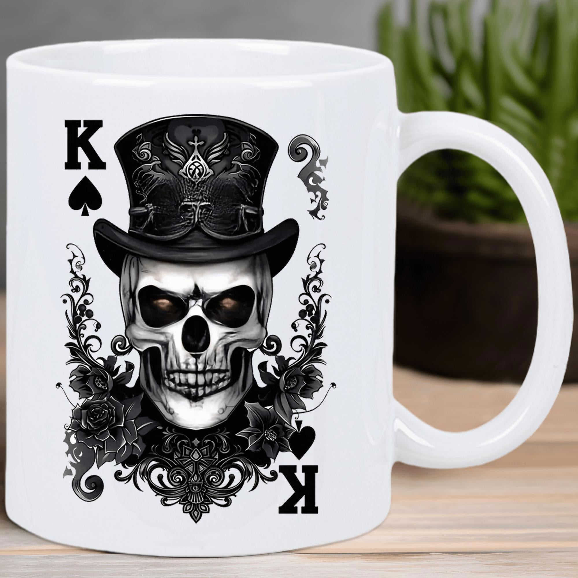 Tailorly White Ceramic 11 oz Mug - K Gothic Stylized Wearing Black Top Hat Among Ornate Vintage Floral Patterns Skull