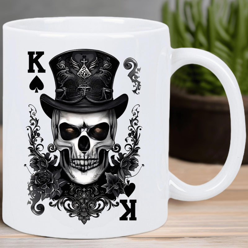 Tailorly White Ceramic 11 oz Mug - K Gothic Stylized Wearing Black Top Hat Among Ornate Vintage Floral Patterns Skull