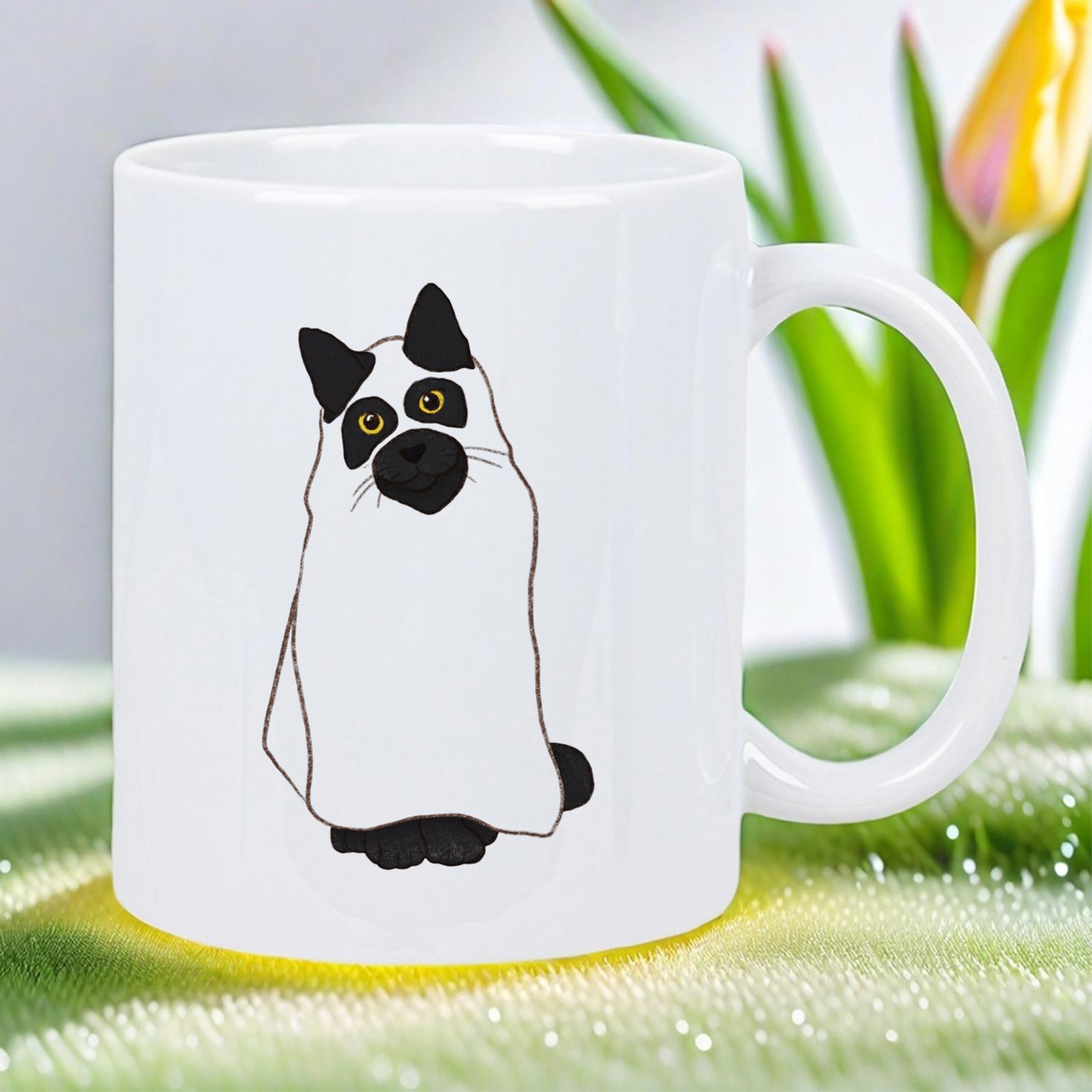 Tailorly White Ceramic 11 oz Mug - Minimalist Cartoon Black Cat Wearing White Ghost Sheet Costume Halloween Cat