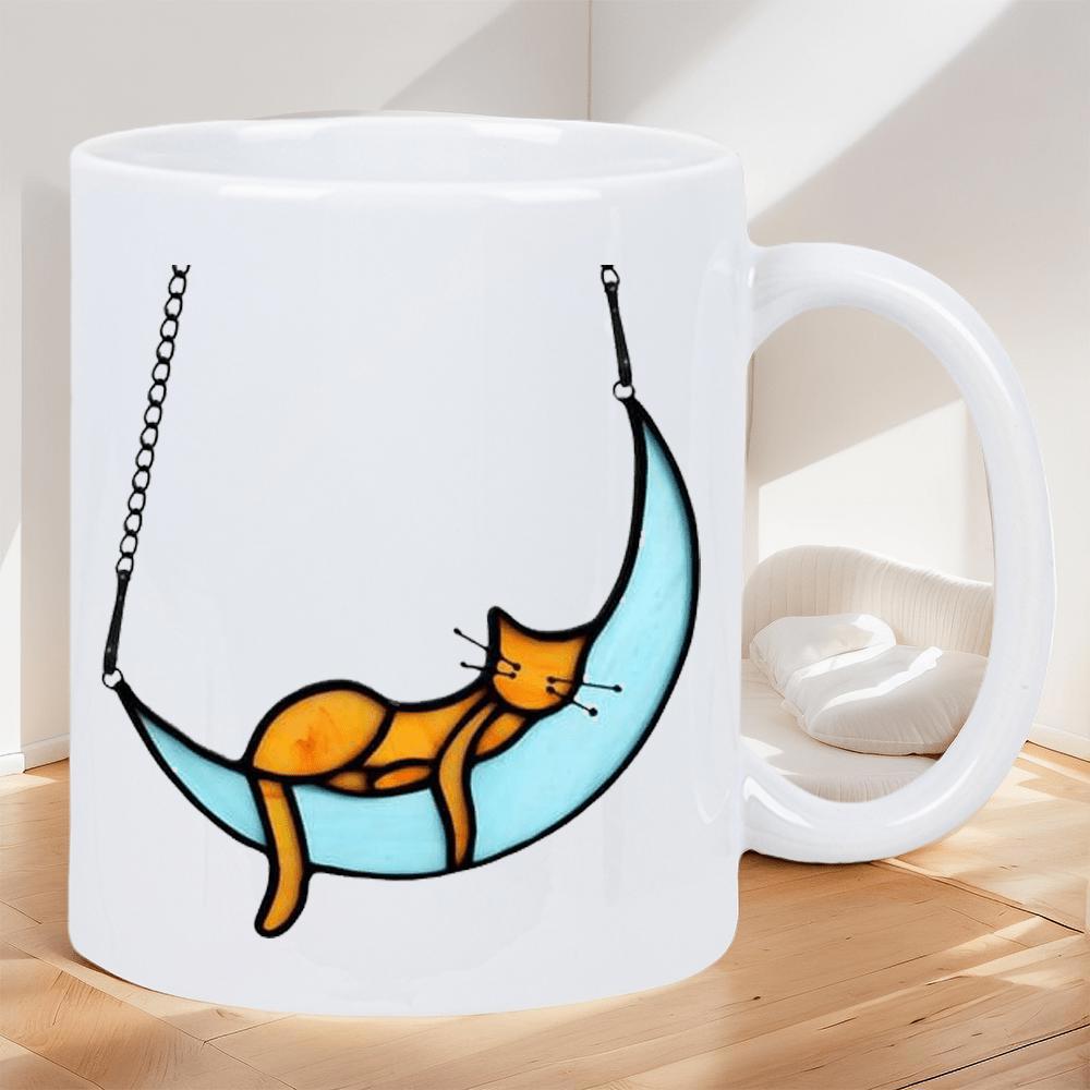 Tailorly White Ceramic 11 oz Mug - Orange Ginger Cat Sleeping In Blue Crescent Moon Hammock Swung By Chains Cat