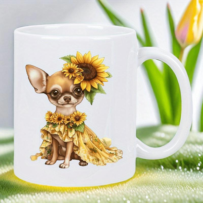 Tailorly White Ceramic 11 oz Mug - Adorable Tiny Chihuahua Wearing Sunflowers And Elegant Yellow Ruffled Dress Chihuahua