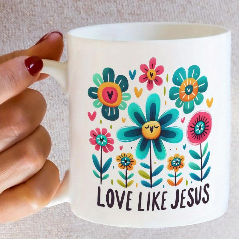 Tailorly White Ceramic 11 oz Mug - Love Like Jesus Colorful Stylized Blossoms With Small Hearts And Smiling Face Details Among Petals Flower