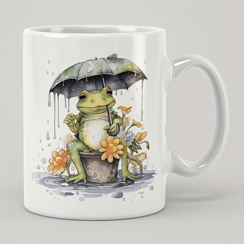 Tailorly White Ceramic 11 oz Mug - Charming Watercolor Illustration Holding Umbrella Sitting Among Flowers In Rain Frog