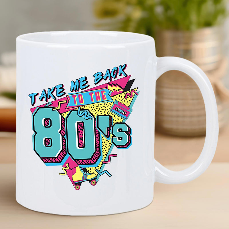 Tailorly White Ceramic 11 oz Mug - Take Me Back To The 80s Vibrant Memphis Geometric Shapes With Roller Skate And Retro Cassette Tape Pattern