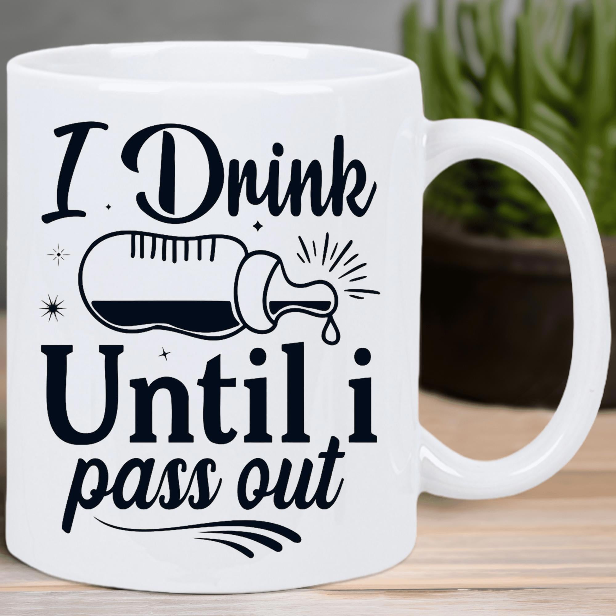 Tailorly White Ceramic 11 oz Mug - I Drink Until I Pass Out Minimalist Black Ink Drawing Featuring A Cartoon Liquid Filled Bottle