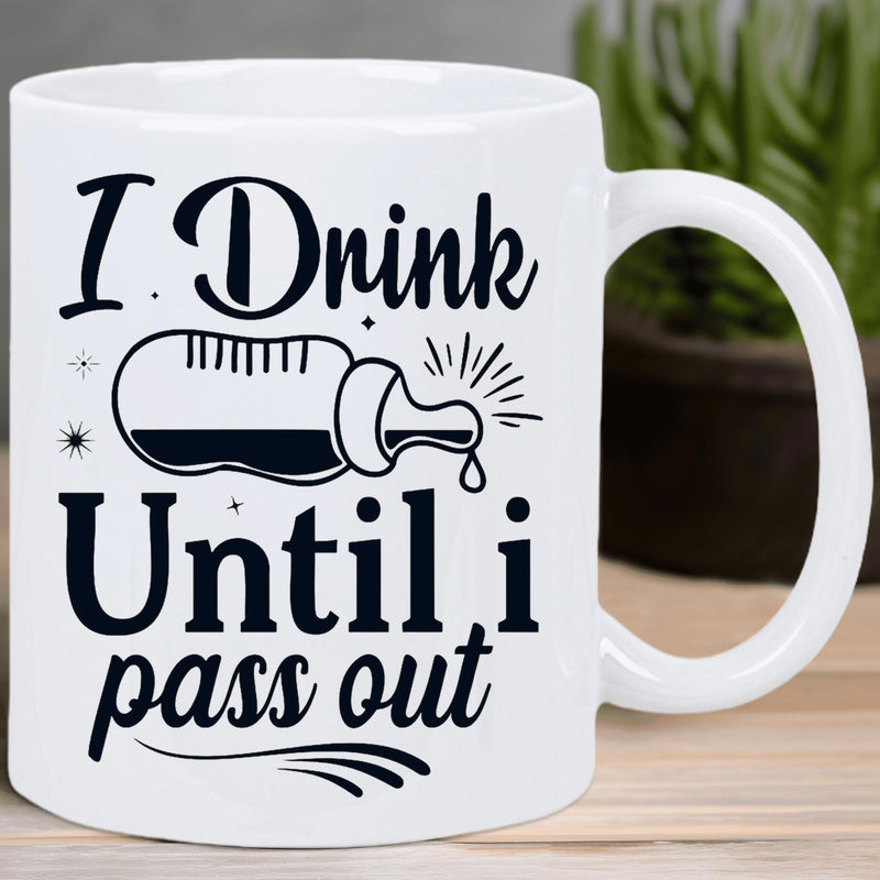Tailorly White Ceramic 11 oz Mug - I Drink Until I Pass Out Minimalist Black Ink Drawing Featuring A Cartoon Liquid Filled Bottle