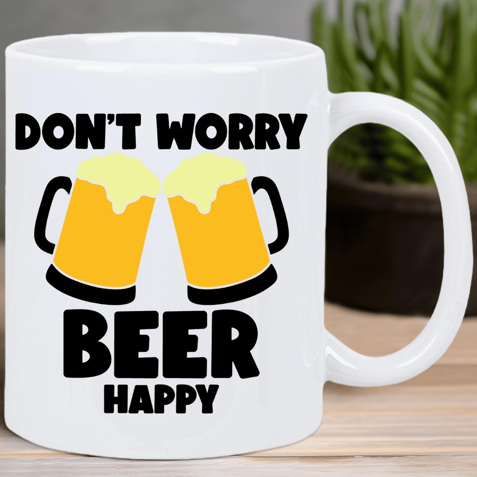 Tailorly White Ceramic 11 oz Mug - Don't Worry Beer Happy Two Golden Foaming Beer Mugs Clinking Together During A Festive Celebration Beer Mug