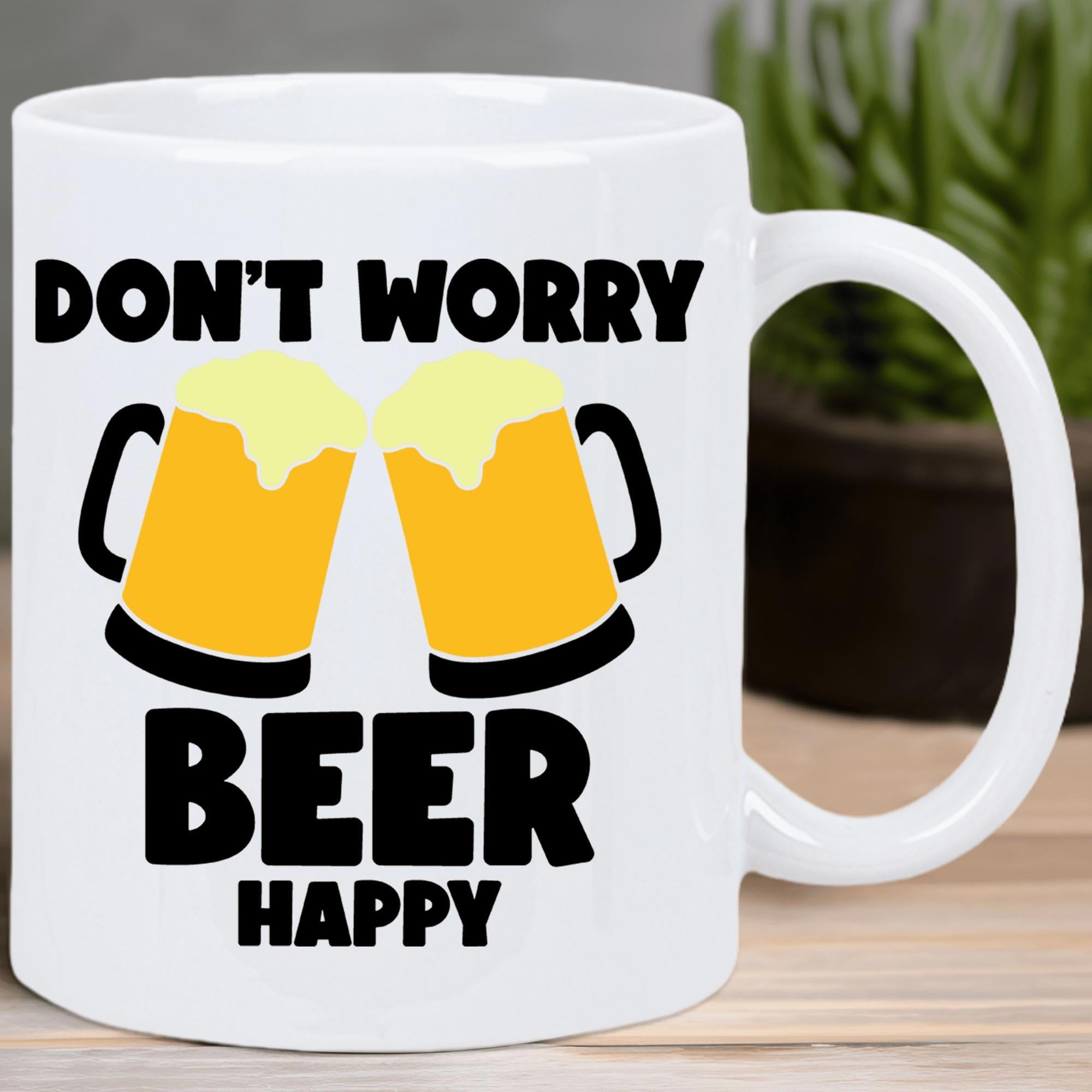 Tailorly White Ceramic 11 oz Mug - Don't Worry Beer Happy Two Golden Foaming Beer Mugs Clinking Together During A Festive Celebration Beer Mug