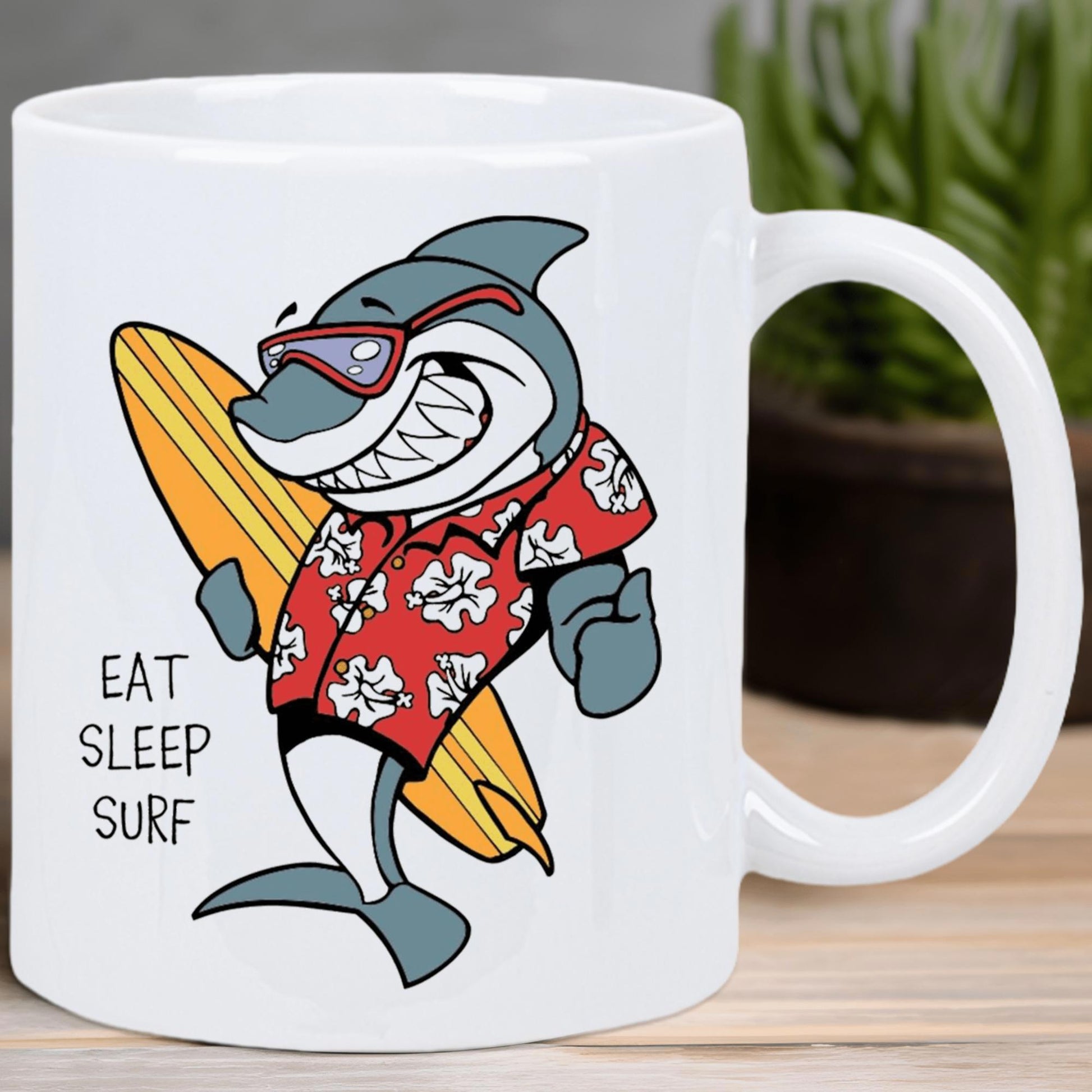 Tailorly White Ceramic 11 oz Mug - Eat Sleep Surf Cool Cartoon Shark Wearing Red Hawaiian Shirt Holding Yellow Surfboard Shark