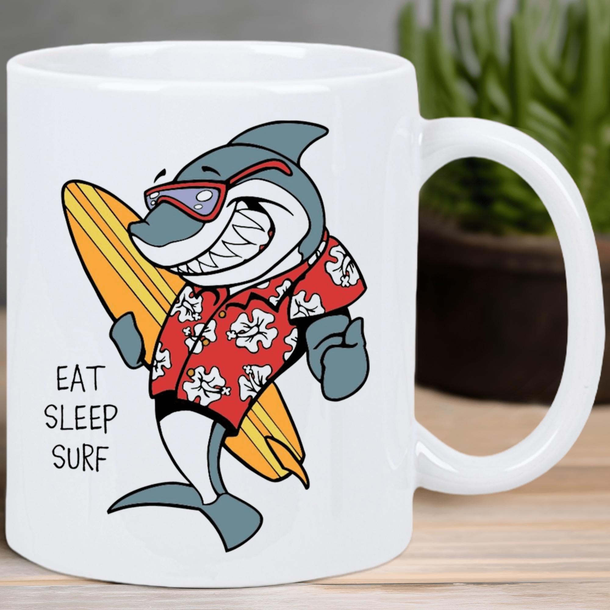 Tailorly White Ceramic 11 oz Mug - Eat Sleep Surf Cool Cartoon Shark Wearing Red Hawaiian Shirt Holding Yellow Surfboard Shark