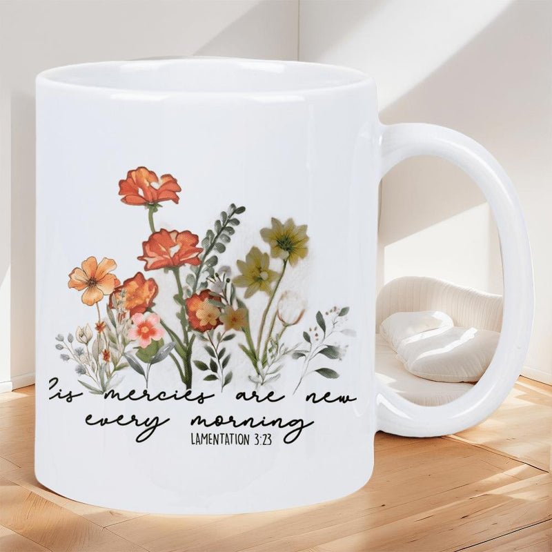 Tailorly White Ceramic 11 oz Mug - His Mercies Are New Every Morning Lamentations 3 23 Colorful Wildflowers Blooming Gracefully Among Delicate Green Foliage Flower