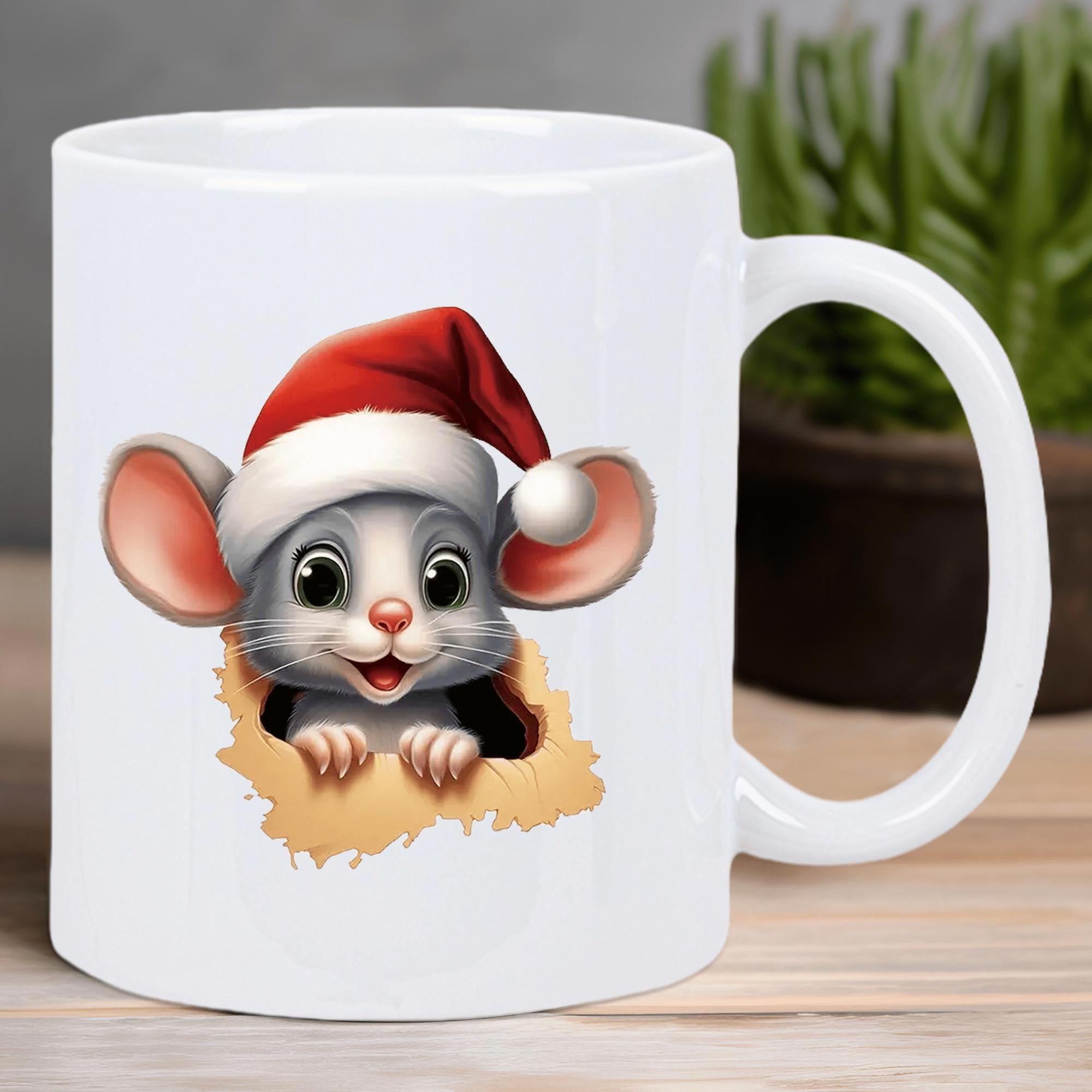 Tailorly White Ceramic 11 oz Mug - Festive Tiny Grey Mouse Wearing Red Santa Hat Peeking Through Torn Wall Surface Mouse