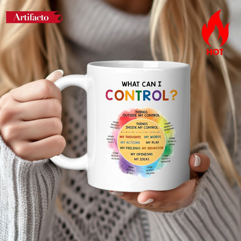 Tailorly White Ceramic 11 oz Mug - What Can I Control Vibrant Watercolor Splash Circle With Motivational Psychological Therapy Phrases Mug