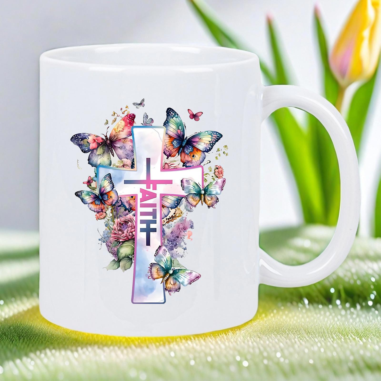 Tailorly White Ceramic 11 oz Mug - Faith Colorful Watercolor Butterflies Fluttering Around A Spiritual Symbolic Floral Cross