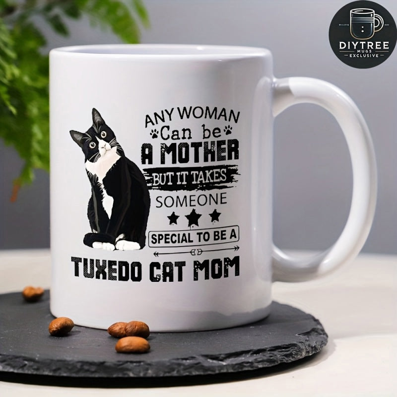 Tailorly White Ceramic 11 oz Mug - Any Woman Can Be A Mother But It Takes Someone Special To Be A Tuxedo Cat Mom Sitting Gracefully Surrounded By Small Stars And