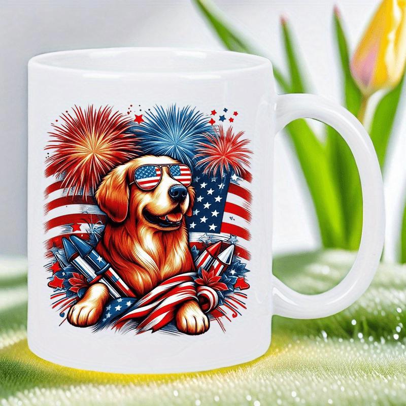 Tailorly White Ceramic 11 oz Mug - Patriotic Dog Wearing Sunglasses Amidst Vibrant Fireworks And American Flag Golden Retriever