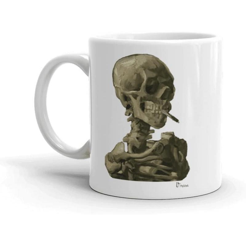 Tailorly White Ceramic 11 oz Mug - Vintage Oil Painting Style Of A Grinning Skull Smoking A Cigarette Skeleton