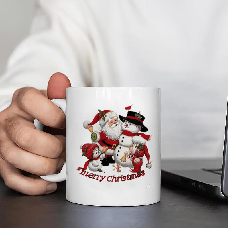 Tailorly White Ceramic 11 oz Mug - Merry Christmas Jolly Santa Claus Embracing Friendly Snowman Under Falling Winter Snow Santa