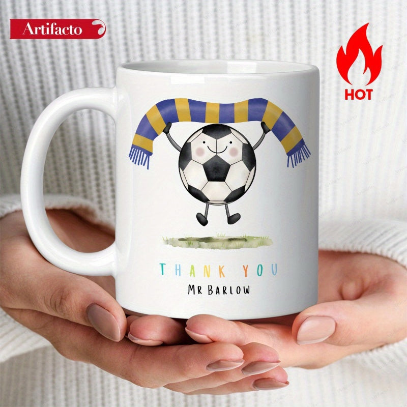 Tailorly White Ceramic 11 oz Mug - Thank You Mr Barlow Smiling Cartoon Character Holding A Striped Scarf In Blue And Yellow Soccer Ball