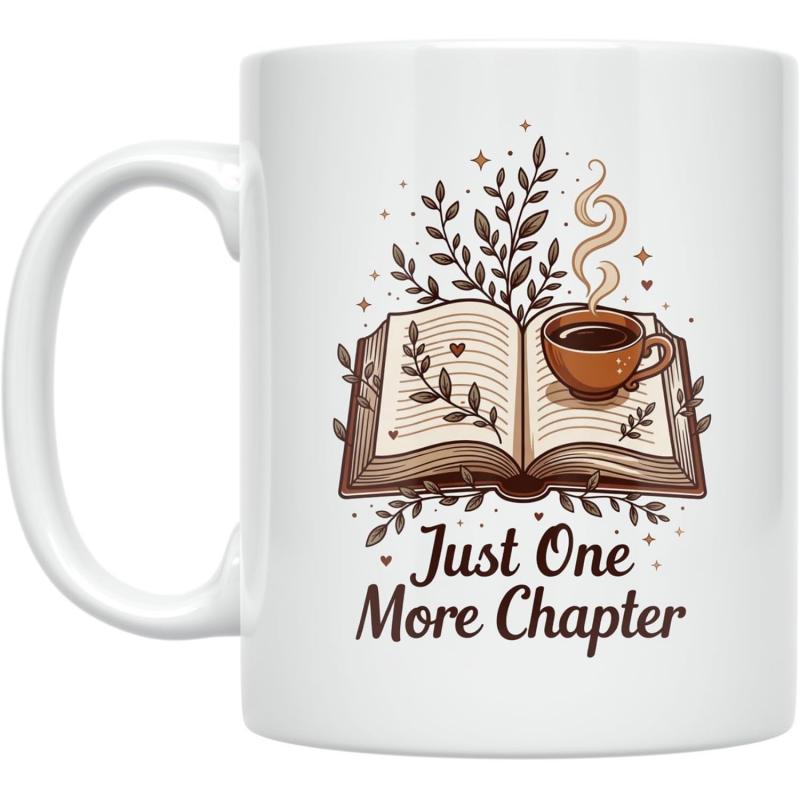 Tailorly White Ceramic 11 oz Mug - Just One More Chapter Cozy Open Book With Steaming Coffee Cup And Delicate Floral Leaves Book