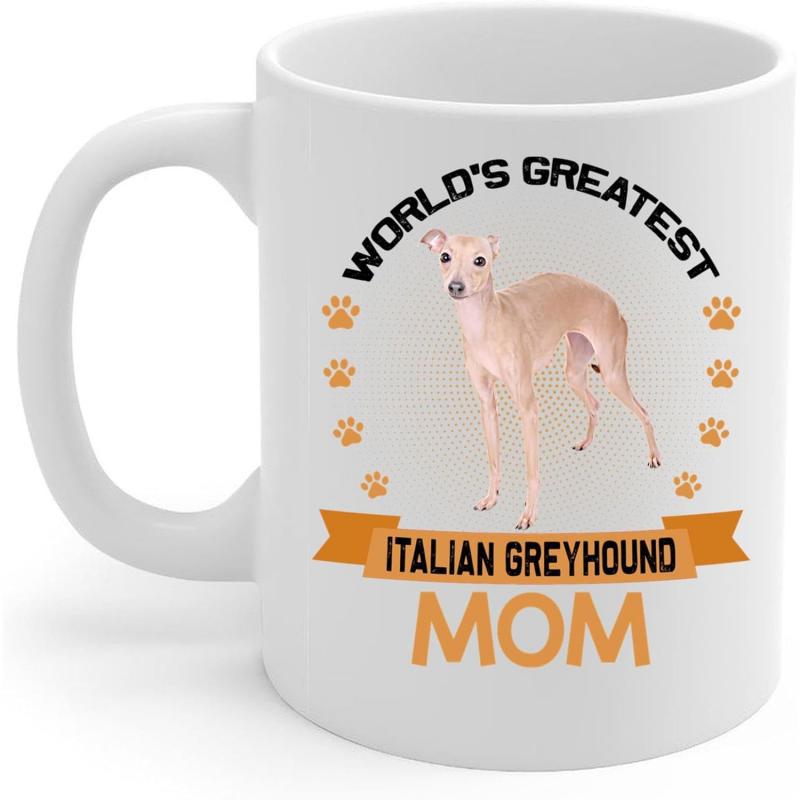 Tailorly White Ceramic 11 oz Mug - Worlds Greatest Italian Greyhound Mom Slender Brown Furry Dog Standing Amidst Small Orange Paw Prints Italian Greyhound
