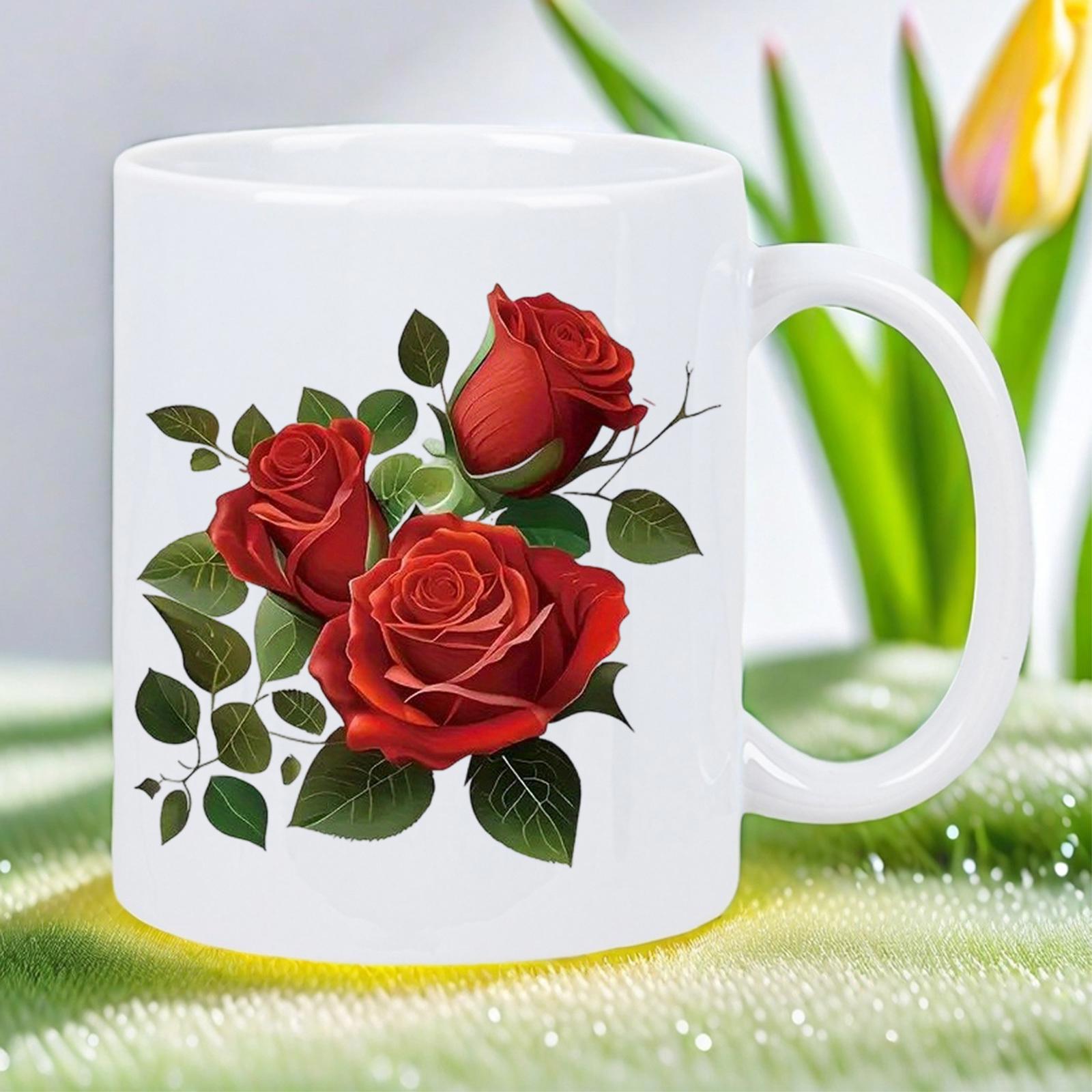 Tailorly White Ceramic 11 oz Mug - Vibrant Red Blossoming Flowers Surrounded By Lush Green Leaves In Nature Rose