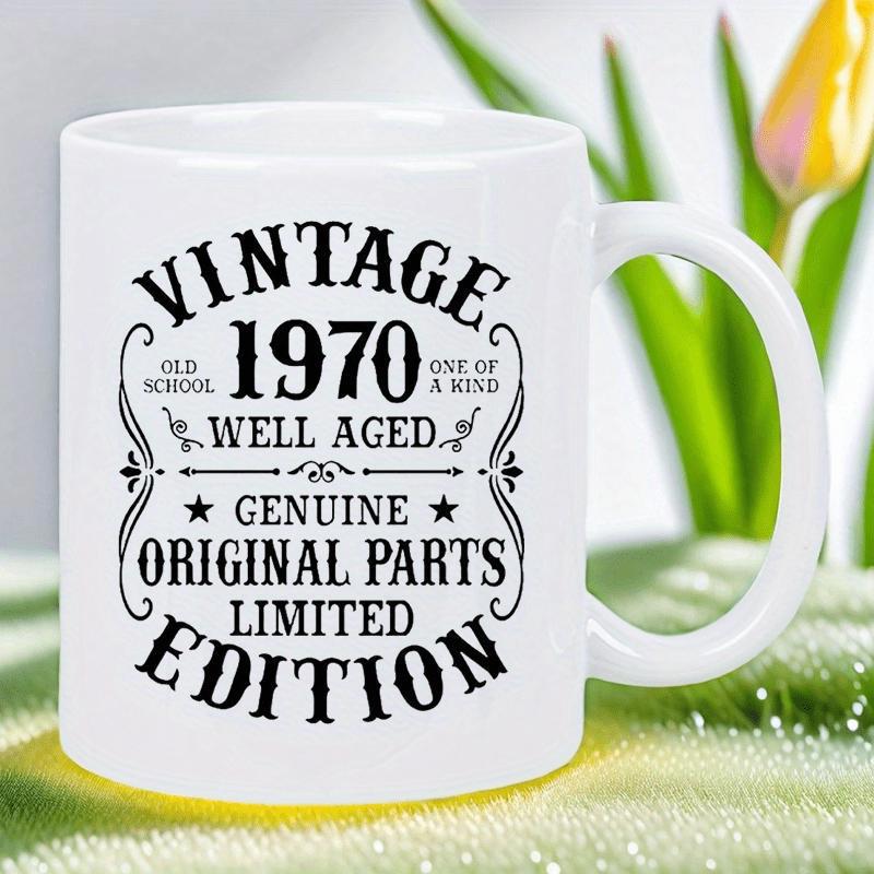 Tailorly White Ceramic 11 oz Mug - Vintage 1970 Well Aged Genuine Original Parts Limited Edition Classic Retro Typographic Label With Decorative Scrolls And Stars