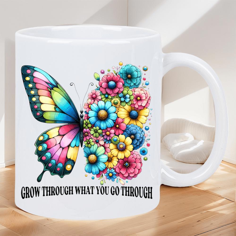 Tailorly White Ceramic 11 oz Mug - Grow Through What You Go Through Vibrant Butterfly With Half Wing Of Colorful Blooming Spring Garden Flowers Butterfly