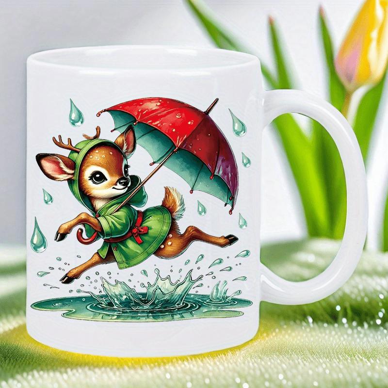 Tailorly White Ceramic 11 oz Mug - Cute Little Fawn In Green Raincoat Holding Umbrella Splashing In Rainwater Deer