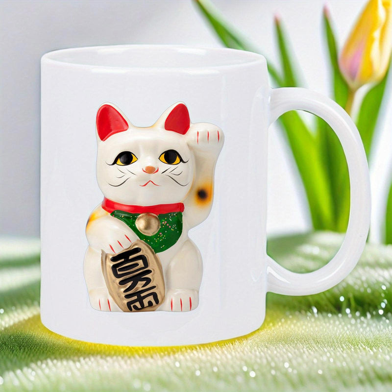 Tailorly White Ceramic 11 oz Mug - Traditional Japanese Lucky Cat Raising Paw With Golden Coin And Bell Maneki Neko