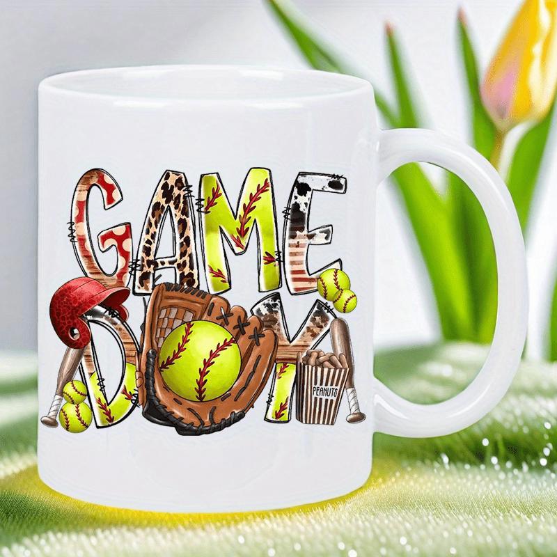 Tailorly White Ceramic 11 oz Mug - Game Day Vibrant Artistic Sports Elements With Softball Mitt And Protective Batting Helmet Mug