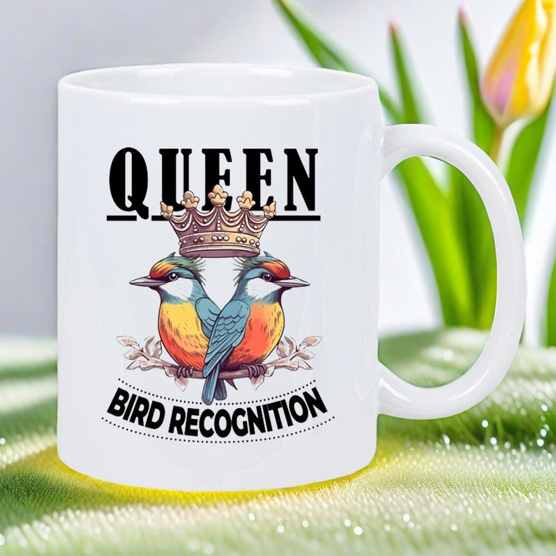 Tailorly White Ceramic 11 oz Mug - Queen Bird Recognition Vibrant Colorful Songbirds With Golden Crown Resting Under Bold Text Bird