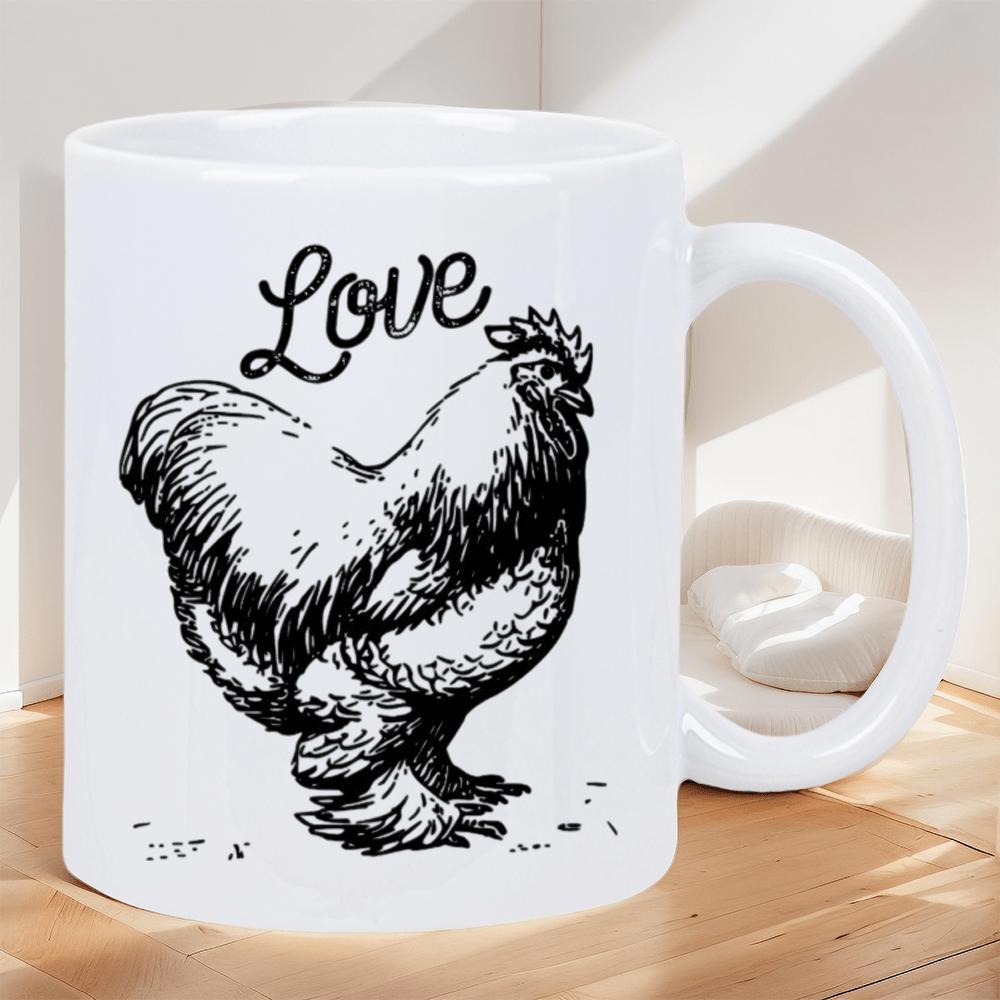 Tailorly White Ceramic 11 oz Mug - Love Detailed Rustic Hand Drawn Sketch Of A Proud Standing Farm Rooster
