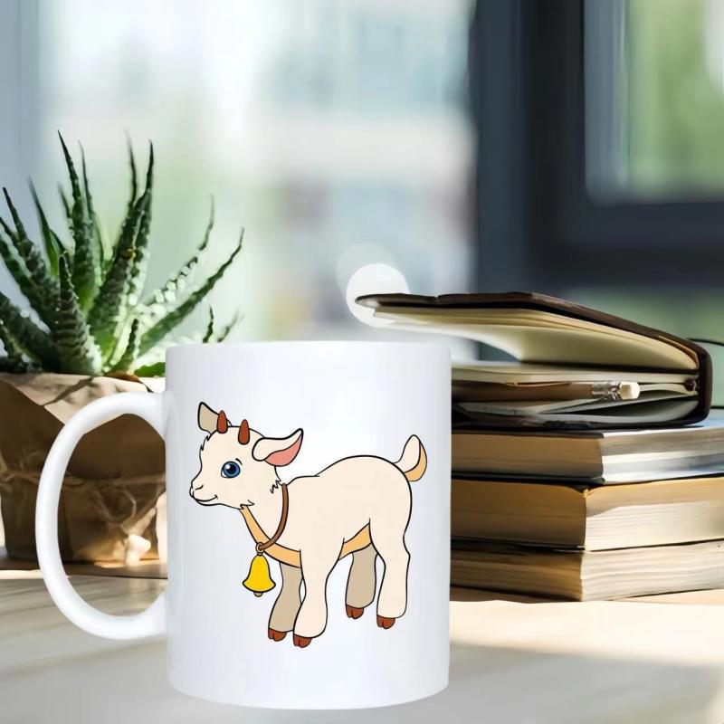 Tailorly White Ceramic 11 oz Mug - Cute Cartoon Baby Goat Wearing A Small Yellow Bell Standing Goat