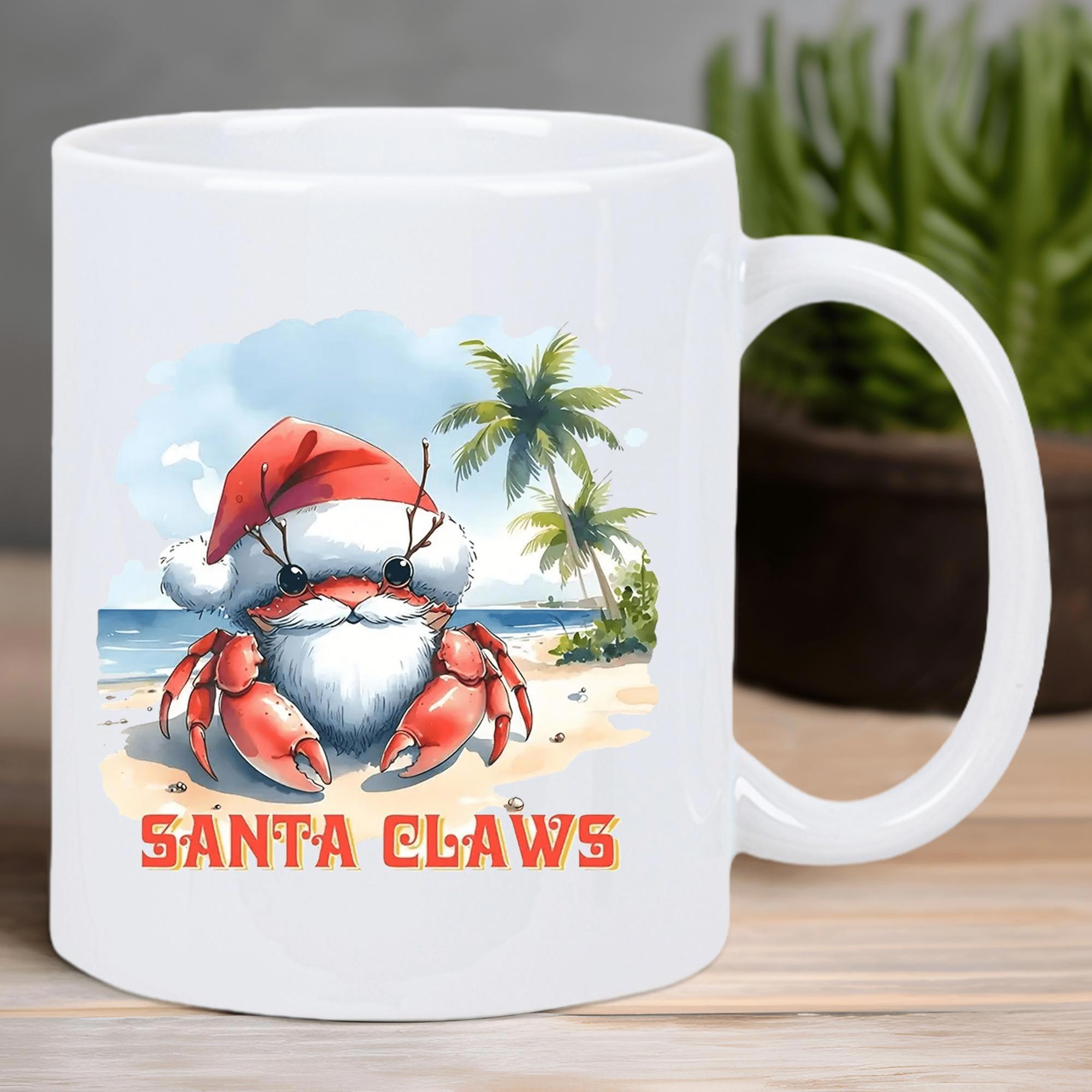 Tailorly White Ceramic 11 oz Mug - Santa Claws Adorable Little Hermit Sitting Under Palm Trees Near The Ocean Coast Crab