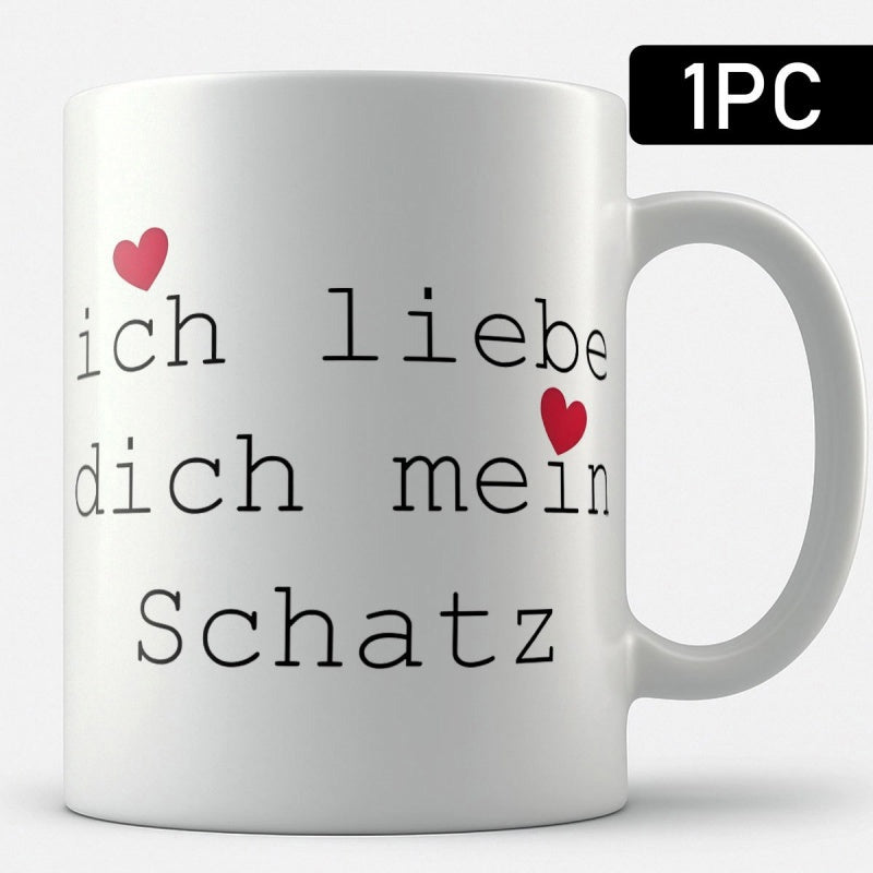 Tailorly White Ceramic 11 oz Mug - Small Red Minimalist Hearts Floating Beside Black Romantic Typewriter Lettering Heart