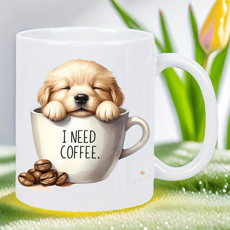 Tailorly White Ceramic 11 oz Mug - I Need Coffee Adorable Golden Retriever Sleeping Peacefully Inside A Small White Teacup Puppy