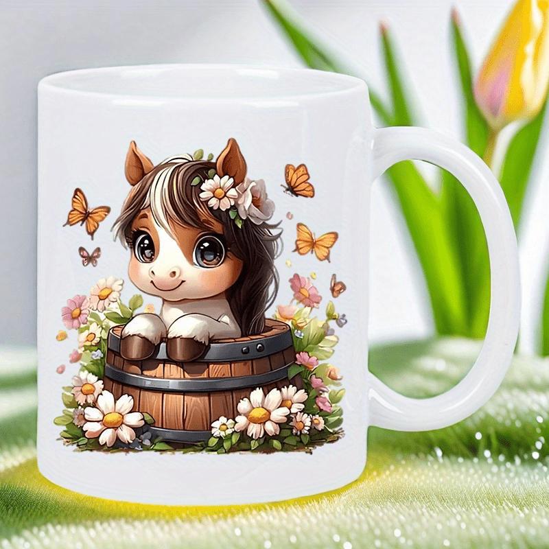 Tailorly White Ceramic 11 oz Mug - Adorable Baby Foal Sitting Inside Wooden Barrel Among Flowers And Butterflies Horse