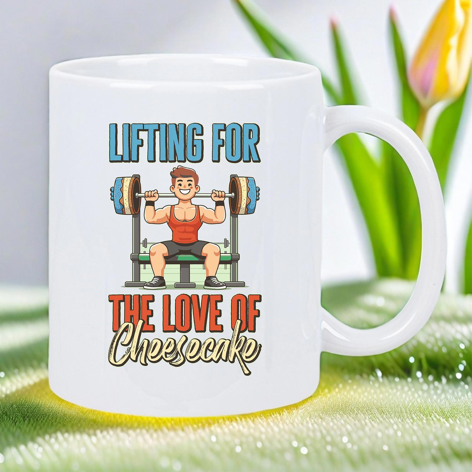 Tailorly White Ceramic 11 oz Mug - Lifting For The Love Of Cheesecake Determined Muscular Athlete Character Lifting Heavy Barbell On Bench Press Fitness
