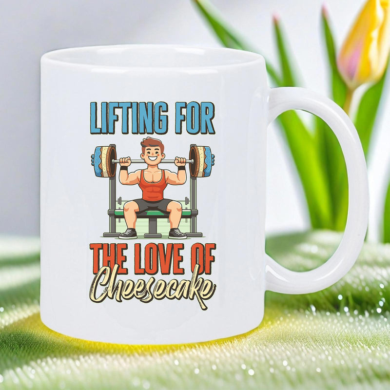 Tailorly White Ceramic 11 oz Mug - Lifting For The Love Of Cheesecake Determined Muscular Athlete Character Lifting Heavy Barbell On Bench Press Fitness