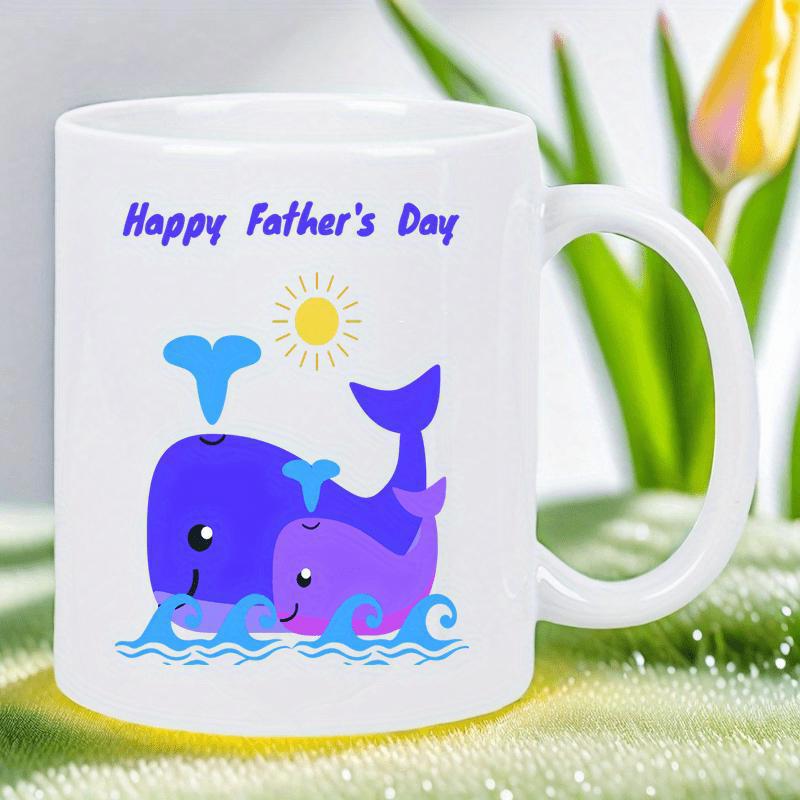 Tailorly White Ceramic 11 oz Mug - Happy Fathers Day Cute Purple And Blue Whales Swimming Among Ocean Waves Under Sun Whale