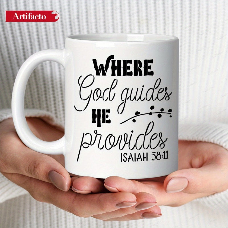 Tailorly White Ceramic 11 oz Mug - Where God Guides He Provides Isaiah 58 11 Minimalist White Ceramic Vessel With Botanical Branch And Inspirational Script Mug