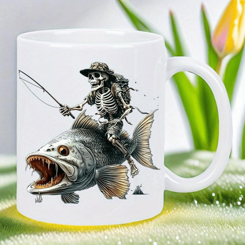 Tailorly White Ceramic 11 oz Mug - Adventurous Skeleton Fisherman Wearing A Camo Hat Riding A Giant Jumping Bass Fish