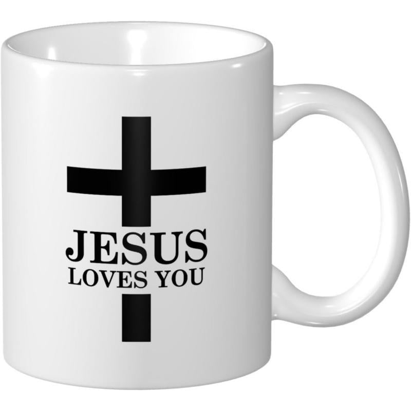 Tailorly White Ceramic 11 oz Mug - Jesus Loves You Minimalist Black Christian Symbol Reflecting Spiritual Devotion And Faith Based Cross