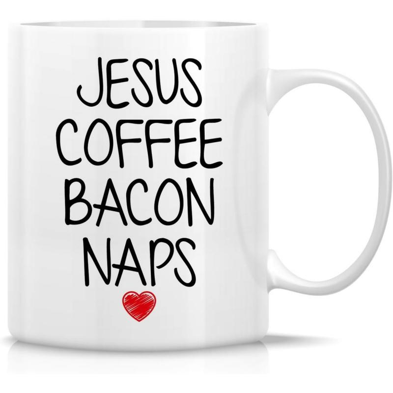 Tailorly White Ceramic 11 oz Mug - Jesus Coffee Bacon Naps Minimalist Black Handwritten Typography With A Small Vibrant Red Heart Mug